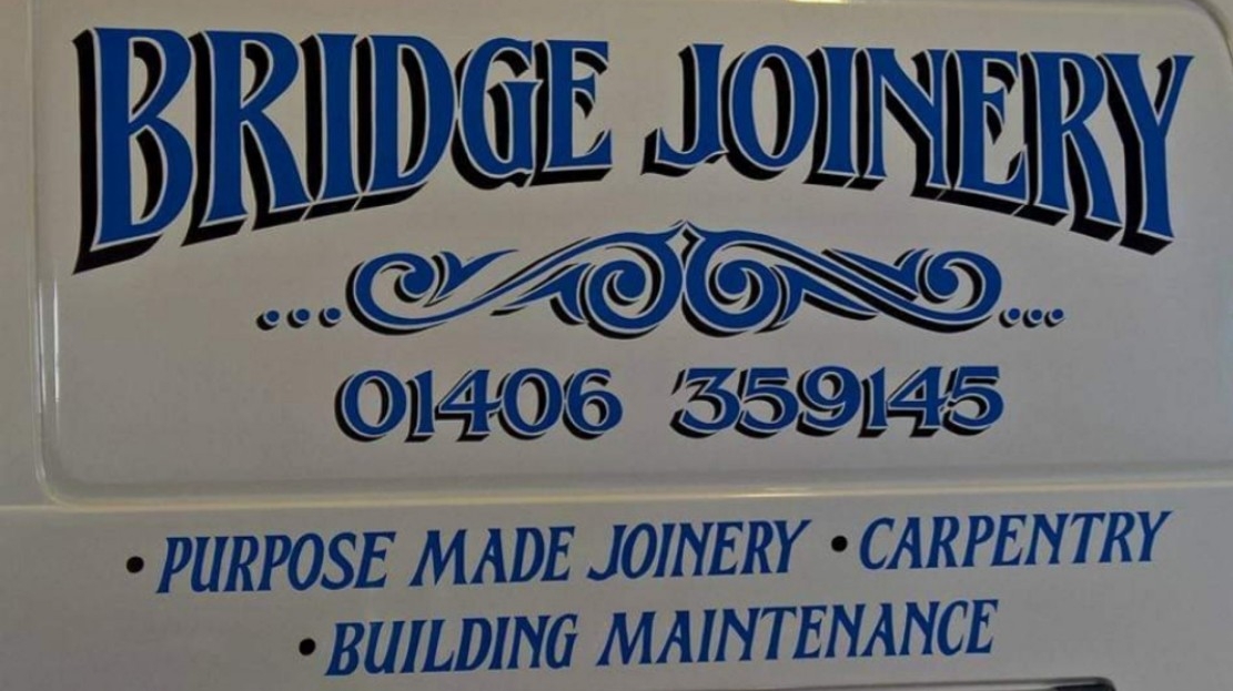 The Bridge Joinery van sign: purpose made joinery, carpentry, building maintenance, 01406 359145