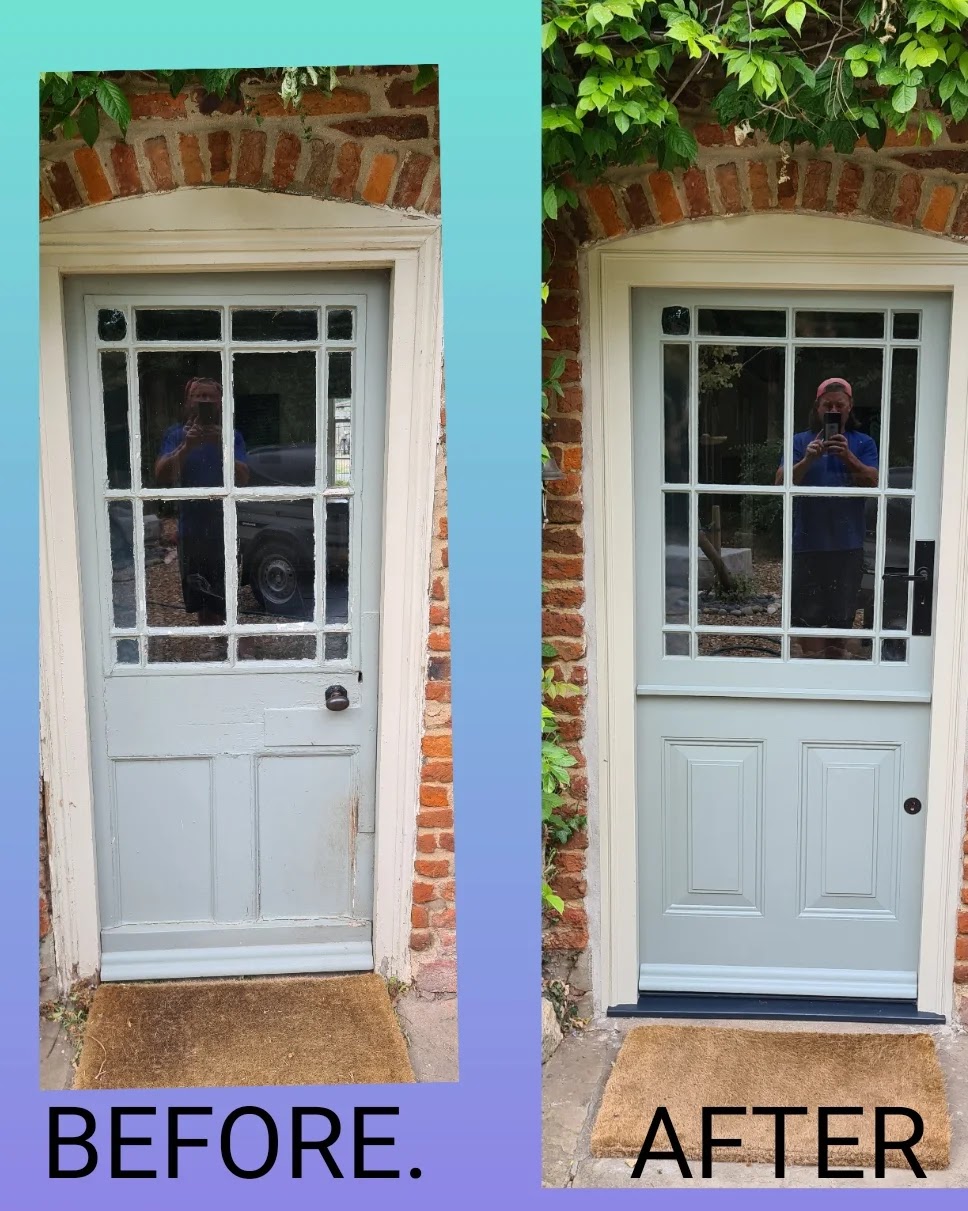 Before and after: an old back door replaced with a new glazed panelled door